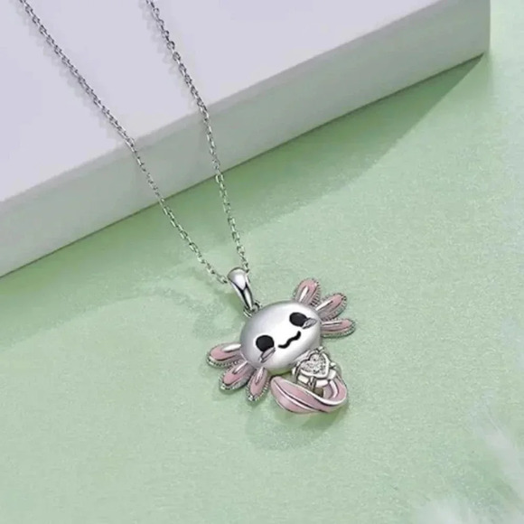 Cute Cartoon Axolotl Pink & Silver Pendant Necklace - Picture 4 of 4